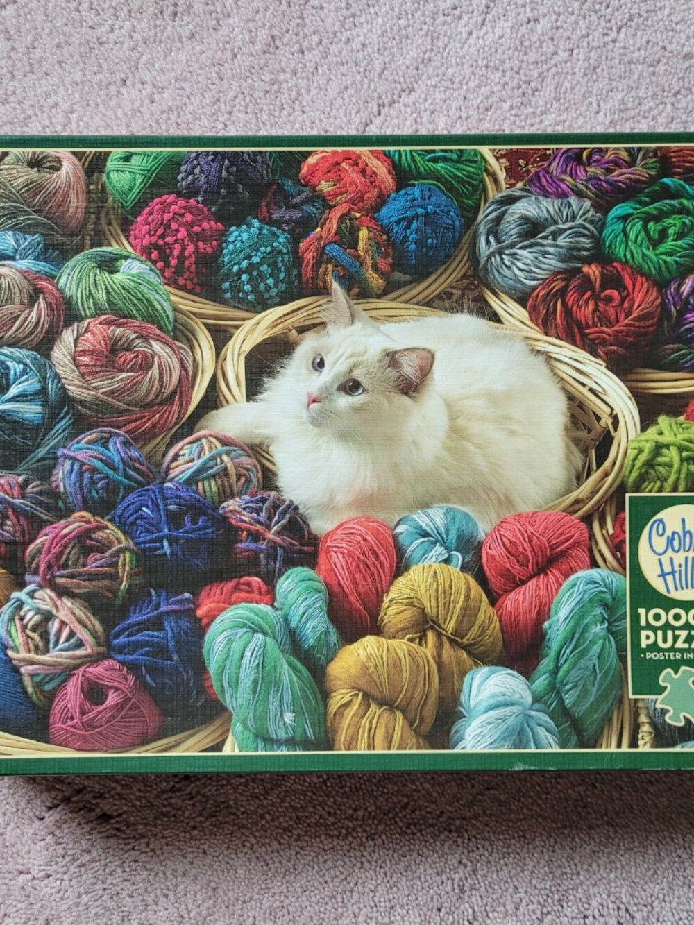 Cobble Hill Fur Ball White Cat with Yarn Balls 1000 Piece Jigsaw Puzzle Complete